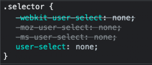 Скриншот инструментов разработчика Chrome, на котором видно, что применяется свойство user-select без вендорных префиксов